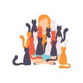 Woman sitting on the floor surrounded by many cats, adorable pets and their owner vector Illustration on a white