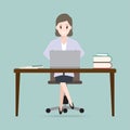 Woman sitting front of computer on work table icon