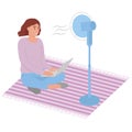 Woman is sitting in front of a fan enjoying a refreshing stream of air in hot weather. Remote work at home. Vector.