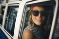 Woman Sitting in Front Seat of The Car Road Trip Travel