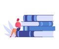 Woman sitting on giant stack of books reading literary work. Red-haired female enjoys a good book, education concept Royalty Free Stock Photo