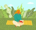 Woman sitting on grass in the park on yoga matt and reading a book on nature flat vector illustration. Girl student