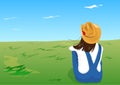 A woman sitting in the grass with a view of the vast grassland. Flat style cartoon illustration vector