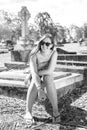 Woman sitting on grave Royalty Free Stock Photo
