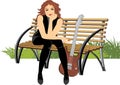 Woman sitting with guitar on the wooden bench