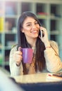 Woman sitting in home office at desk and talking on phone Royalty Free Stock Photo