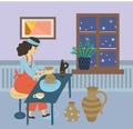 Woman Making Pots at Home, Evening Hobby Vector