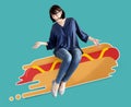 Woman sitting on an illustrated hot dog