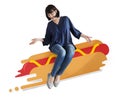 Woman sitting on an illustrated hotdog