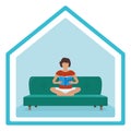 Woman sitting kneeling on sofa and read book, journal in arms, female character. Isolated on white, flat vector illustration