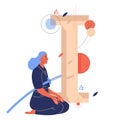 Woman sitting on knees with japanese long sward. Capital letter I for iaido training on background. Concept sport and healthy Royalty Free Stock Photo