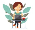 Woman sitting with laptop. Concept of freelancing, work, studing from home. Flat style vector