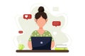 Woman sitting with laptop. Freelance, online studying, work from home concept