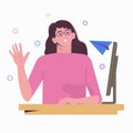 Woman sitting at laptop. Girl using computer for work, chating, searching and dating. Email newsletter. Flat cartoon illustration Royalty Free Stock Photo