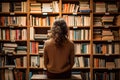 woman sitting in the library in front of the shelves with books view from the back Royalty Free Stock Photo