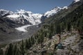 Woman sitting and looking at Morteratsch Glacier in the Engadin in the Swiss Alps in summer with blue sky and sun