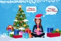 Woman sitting lotus pose fir tree gift box decoration new year merry christmas concept flat chat bubble communication Royalty Free Stock Photo