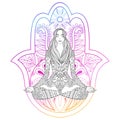 Woman sitting in lotus position on color hamsa hand background.