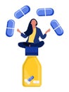 Woman sitting and meditating on big pill jar.Vitamin complex and healthcare.Keep calm and drink sedative tablets.