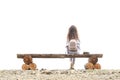 Woman sitting mountain back view. girl with a plaid look away in mountain with fog or cloud on background