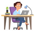 Woman sitting at office workplace and working at laptop. Cartoon freelancer