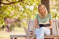 Woman Sitting On Park Bench Under Tree Reading Book And Drinking Takeaway Coffee Royalty Free Stock Photo