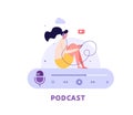 Woman Sitting with Phone Choosing or Listening Podcasts in Mobile App. Audio Podcast. Concept of Online Podcasting, Online Radio