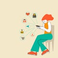 Woman sitting with a phone, icons for e-commerce sales, digital marketing and customer buying experience. Concept of