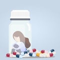 Woman sitting in pill bottles