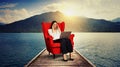 Woman sitting on the red chair on wood moorage