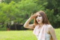 Woman sitting rest after exercise Royalty Free Stock Photo