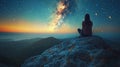 A woman sitting on a rock looking up at the stars, AI Royalty Free Stock Photo