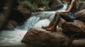 A woman is sitting on a rock next to some water, in the style of macro zoom, Generative AI Royalty Free Stock Photo