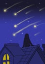 woman sitting on the roof of the house looking at shooting stars illustration Royalty Free Stock Photo