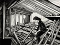 A Woman Sitting On A Roof Of A House - a woman working intensive on a house constructio