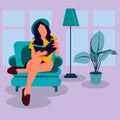 Woman sitting on sofa in her room and reeding book. Weekend or free time spending. Vector cartoon flat illustration.Rest in a youn