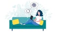 Woman sitting on sofa with laptop on online psychological consultation. Concept of online psychotherapy session, support Royalty Free Stock Photo