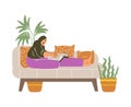 Woman sitting on the sofa and reading book on braille font using fingers, Braille language for blind people vector Royalty Free Stock Photo