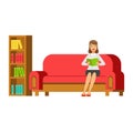 Woman Sitting On The Sofa Reading A Book Next To Bookshelf, Smiling Person In The Library Vector Illustration