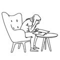 A woman sitting on soft armchair in front of coffee table, reading magazine. Vector illustration of girl closely peering