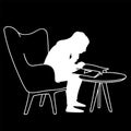 Woman sitting on soft armchair in front of coffee table, reading magazine. Vector illustration of silhouette of girl