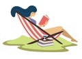 Woman on beach lounger and reading book with martini cocktail