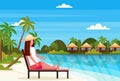 Woman sitting sun bed lounge chair on tropical island villa bungalow hotel beach seaside green palms landscape summer