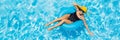 Woman sitting in a swimming pool on a ring pool float in a large yellow sunhat BANNER, LONG FORMAT Royalty Free Stock Photo