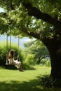 A woman sitting on a swing on a tree