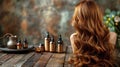 Woman Sitting at Table With Bottles of Hair