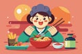 A woman sitting at a table, eating a bowl of Korean food, Eating korean food Customizable Flat Illustration