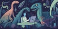 A woman sitting at a table with a laptop computer in front of a group of dinosaurs. Generative AI image.