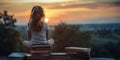 Woman Sitting on Top of Book Pile Royalty Free Stock Photo