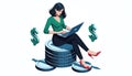 Woman Sitting on Top of Stacks of Coins Using Laptop. Concept of wealth Royalty Free Stock Photo